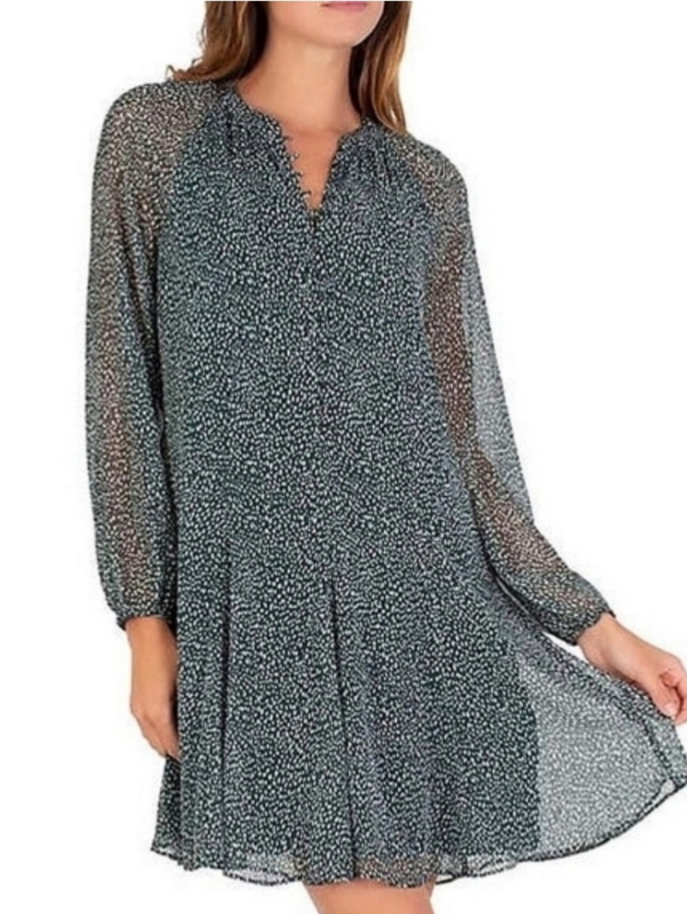 Joie Artic Animal Spot Flowy Chiffon V Neck Mini Long Sleeve Green & White XXL